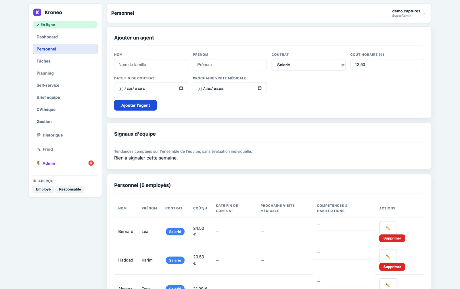 Vue personnel de Kroneo : fiches des collaborateurs et suivi des heures